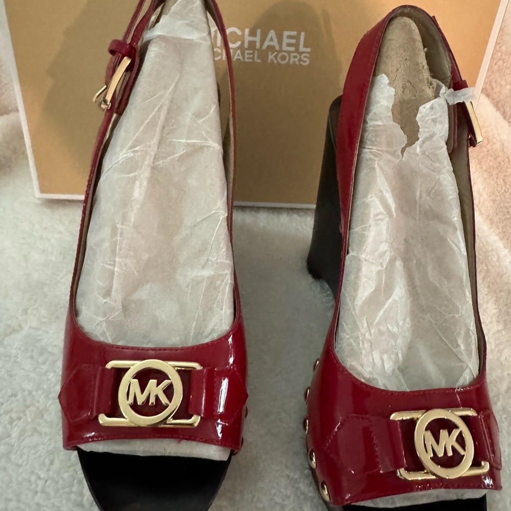 Michael Kors Red Patent Leather Heels with Gold MK Hardware